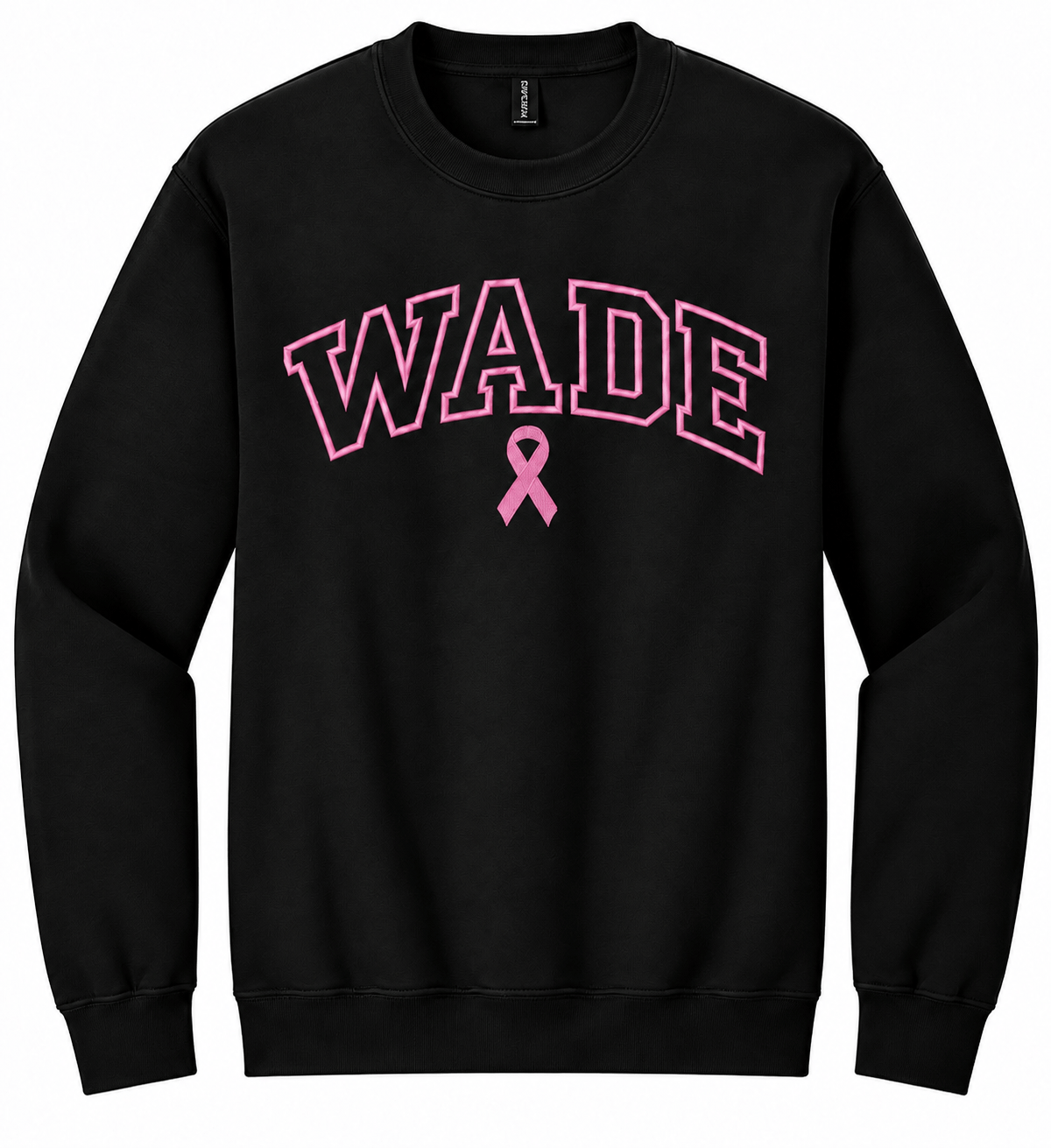 A black hoodie with a pink "WADE" and a pink ribbon in the middle.